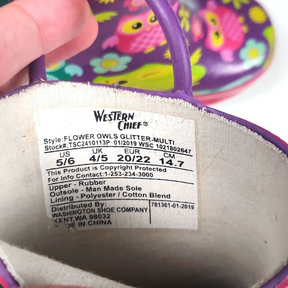 Western Chief -  Toddler Girl's Glittery Rainboots - Owl/Flower Print - Size 5/6 - Picture 3 of 5